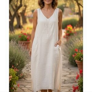 Stella Carakasi Boho Cream Natural Lux Hemp Minimalist Lagenlook Tank Dress S